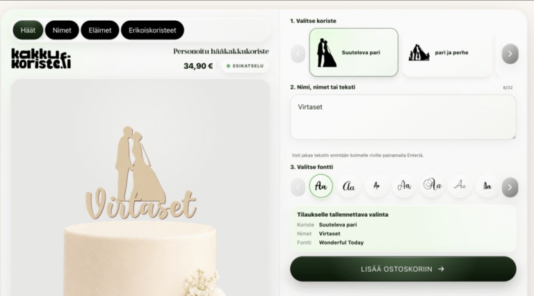 Hääkakkukoristeen generaattori – valitse hääpari, nimet ja fontti